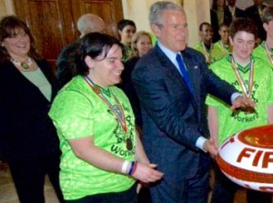 President George W. Bush, meets with the FIRST Robotics Competition (FRC), "Chairman's Award" Winning Team: MOE (Miracles of Engineering) Team 365 from Baltimore, MD at the White House, Monday, April 30, 2007, in Washington. Participants included Carol Kauffman, regional FIRST advisor (far left). Photo Credit: "NASA/Bill Ingalls"